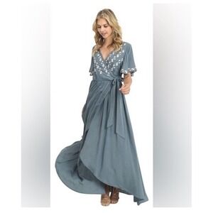 Pink + Sophie Faux Wrap Dress Small Asymmetrical Maxi Embroidered Floral Boho